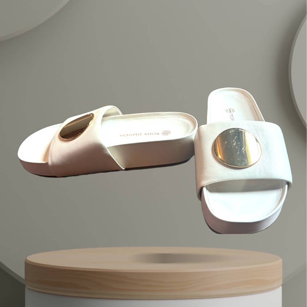 Tory Burch PATOS Cloud Platform Wedge Leather Slides Ivory Gold Discs 8.5 NWOT